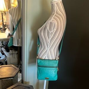 Fossil, Teal leather, small crossbody bag, great preloved condition